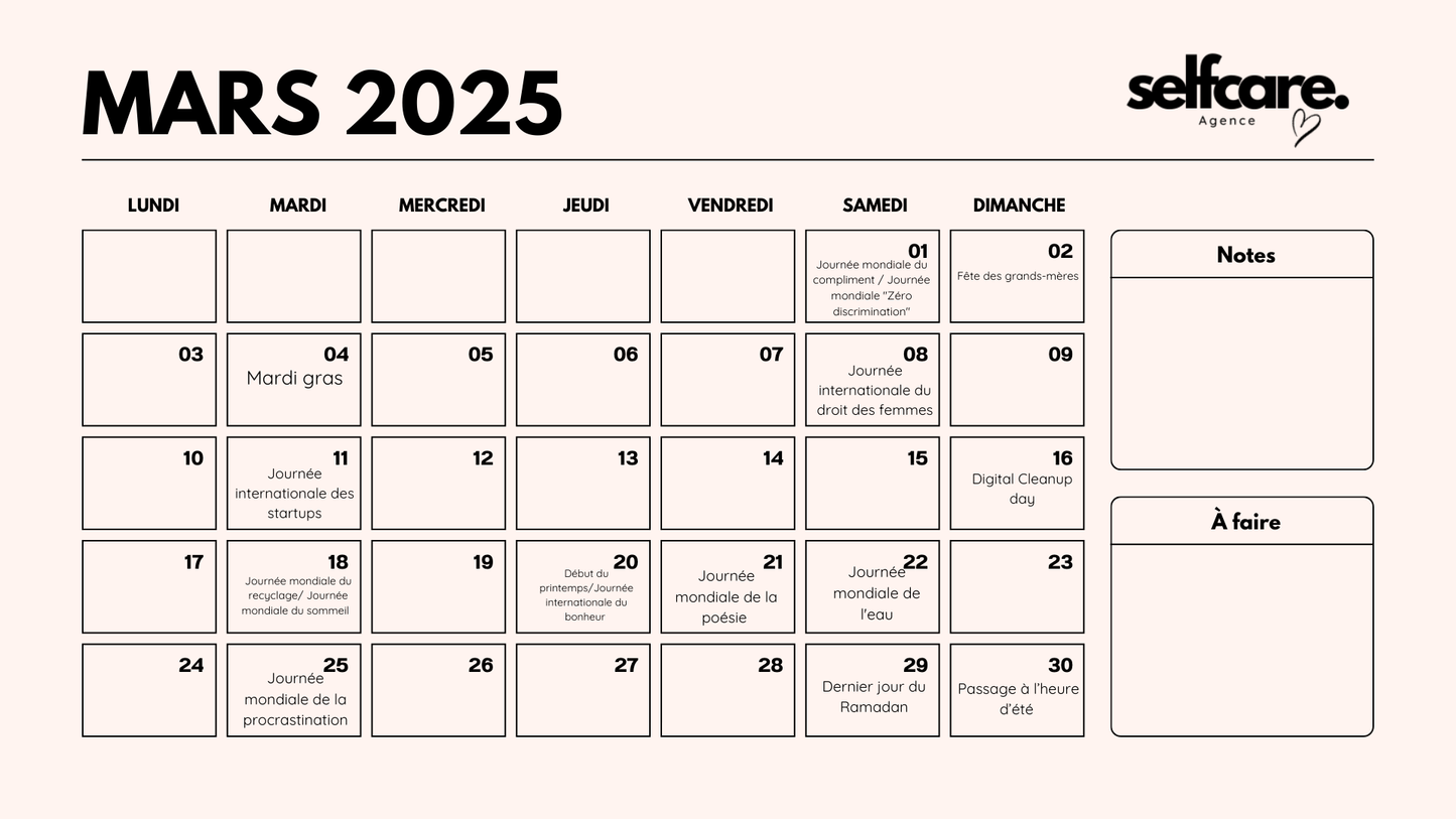 Calendrier marketing 2025 - Selfcare